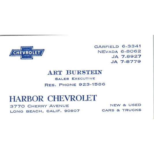 Art Burstein Harbor Chevrolet Long Beach CA Vintage Business Card SE3-B7