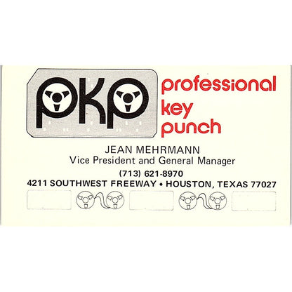 Jean Mehrmann PKP Professional Key Punch Houston TX Vintage Business Card SD9-B2