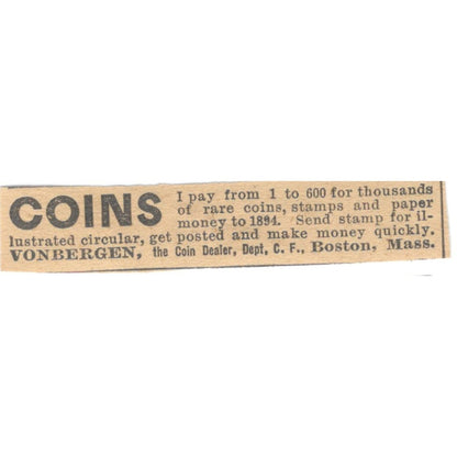 Vonbergen Coin Dealer Boston MA 1910 Magazine Ad AF1-SS8