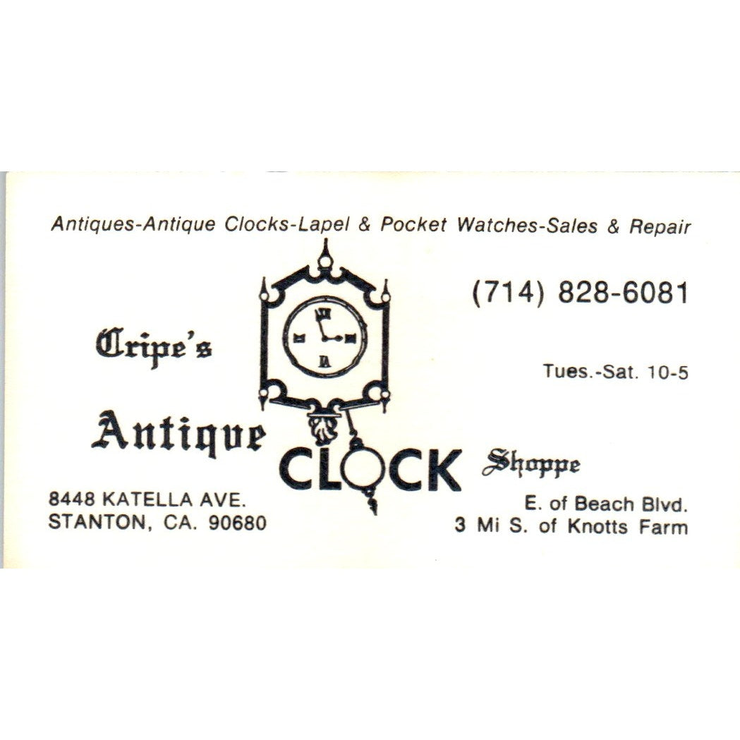 Cripe's Antique Clock Shoppe Stanton CA Vintage Business Card SE3-B6