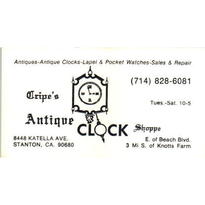 Cripe's Antique Clock Shoppe Stanton CA Vintage Business Card SE3-B6