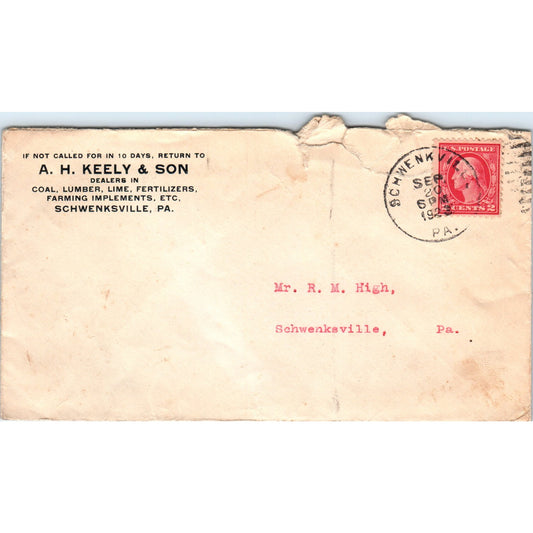 1923 A.H. Keely & Son Lumber Farming Schwenksville Postal Cover Envelope TG7-PC1