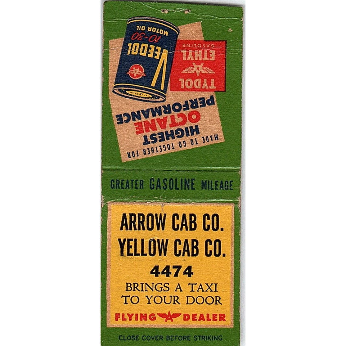 Arrow & Yellow Cab Co Veedol Tydol Gasoline Vintage Matchbook Cover SC7-Y5