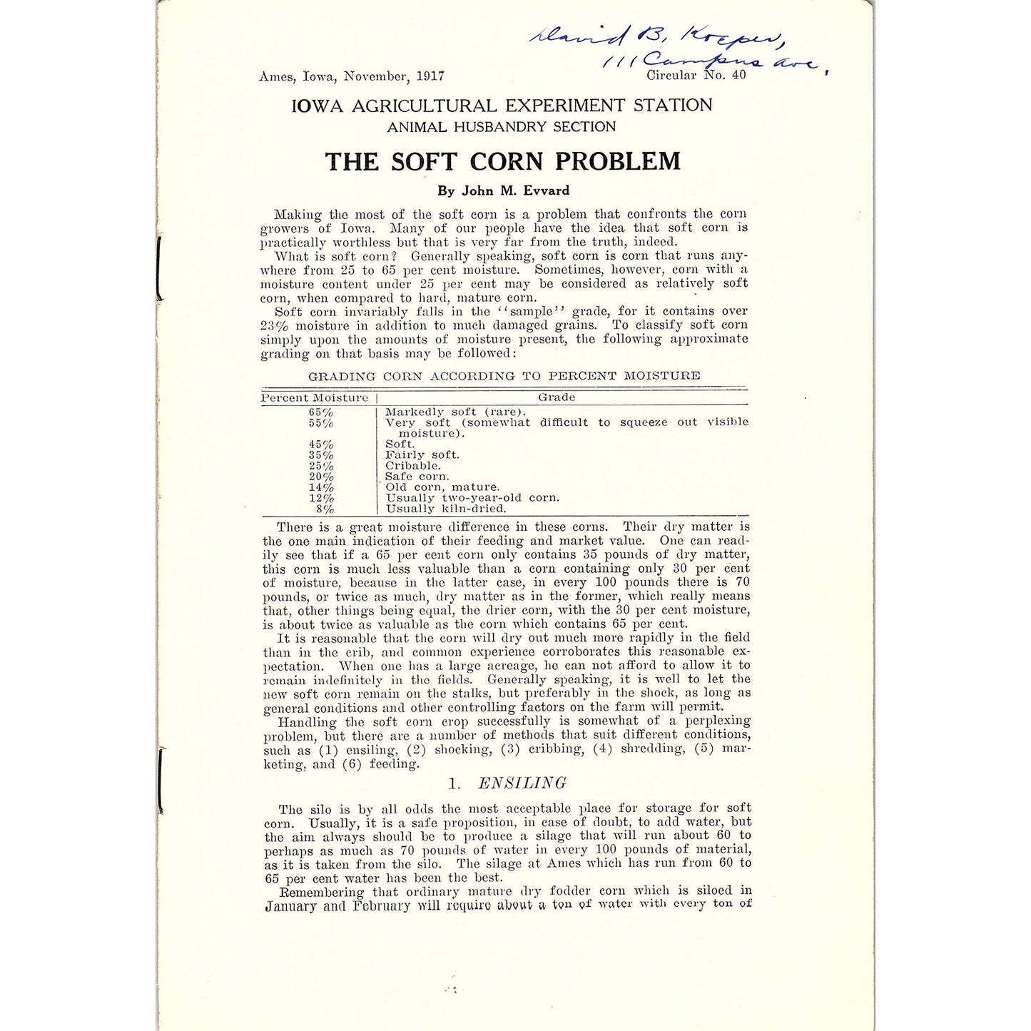 The Soft Corn Problem John M Evvard Ames Iowa Farm Bulletin TK2-XB6