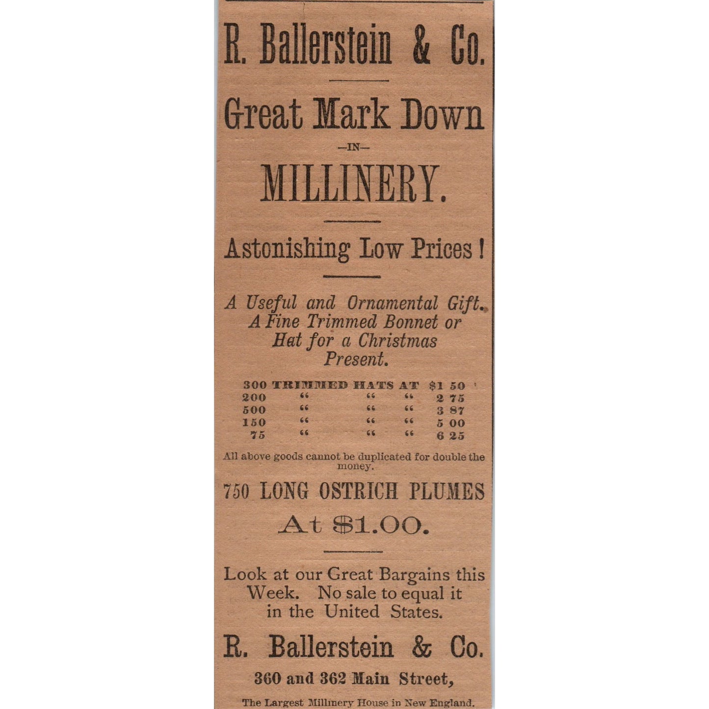 R. Ballerstein & Co Millinery Main St. 1886 Hartford CT Victorian Ad AB8-HT1