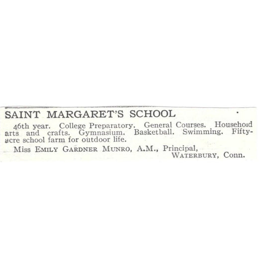 Saint Margaret's School Emily Gardner Munro Waterbury 1918 Advertisement AE5-SV3