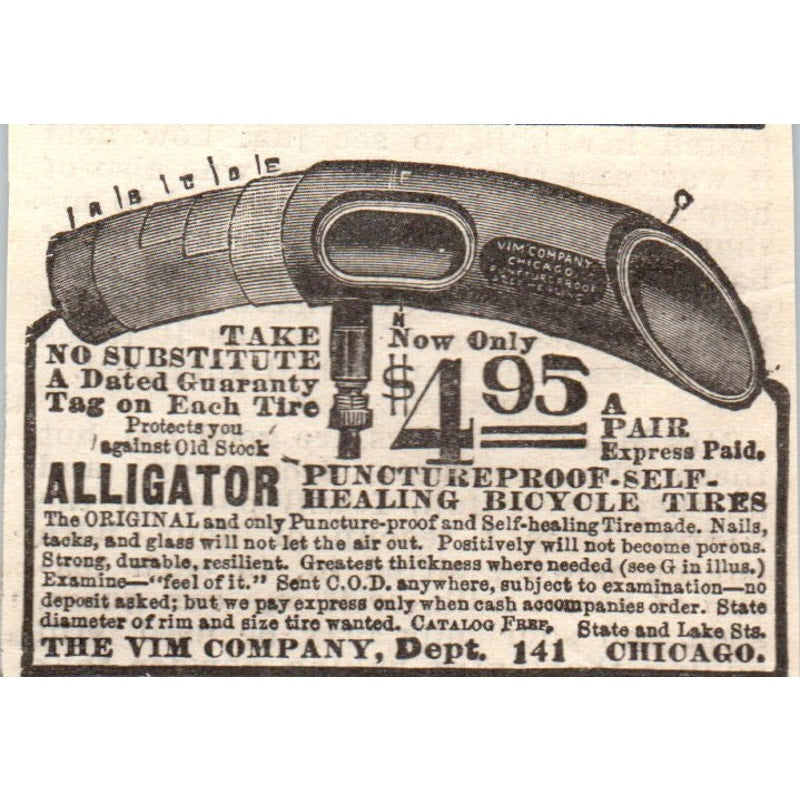 The Vim Co Alligator Puncture Proof Self Healing Bicycle Tires 1905 Ad AF1-NH2