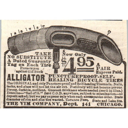 The Vim Co Alligator Puncture Proof Self Healing Bicycle Tires 1905 Ad AF1-NH2