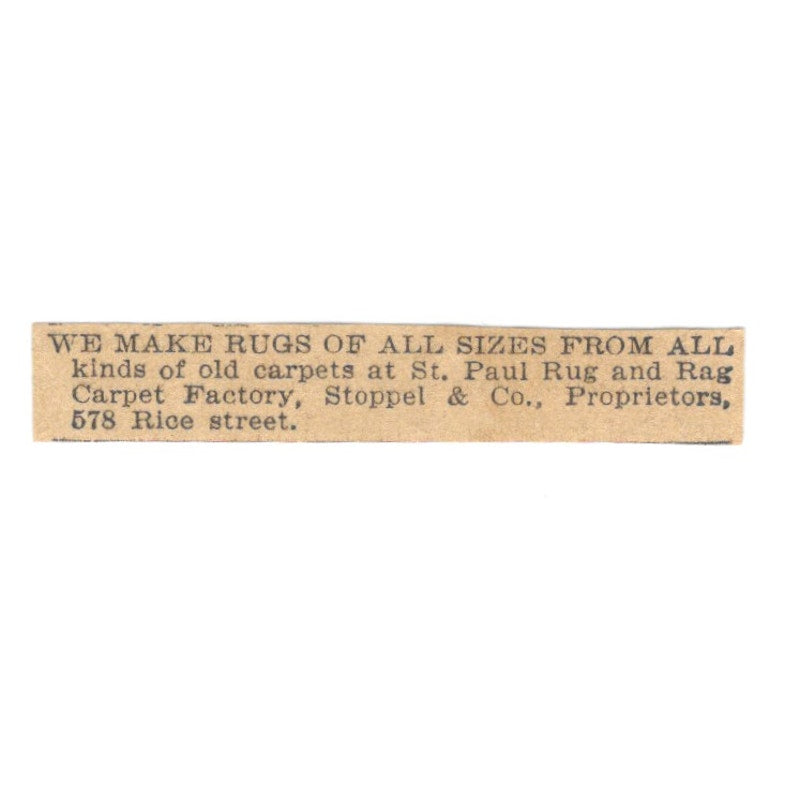 Stoppel & Co St. Paul Rug and Rag Carpet Factory 1898 Newspaper Ad AF2-S1