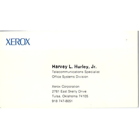 Xerox Corporation Harvey L. Hurley Jr. Tulsa Oklahoma Business Card SB4-B10