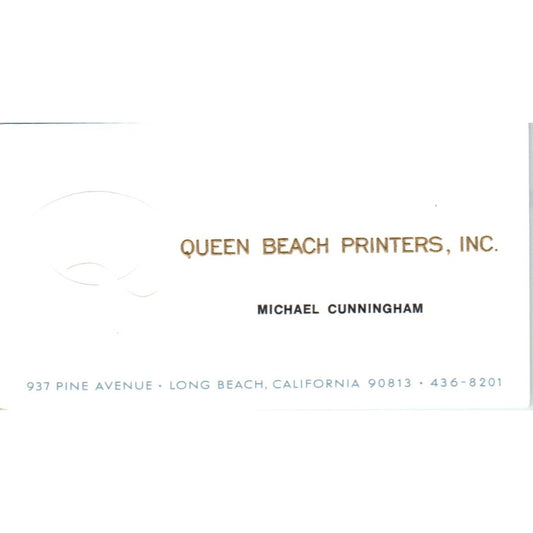 Queen Beach Printers Michael Cunningham Long Beach CA Vtg Business Card SD4-B3