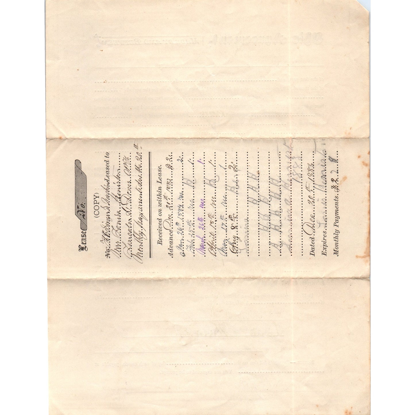 1883 Lease Agreement Louisa Keniston, Joseph Pinkham Dover NH AF7-E7