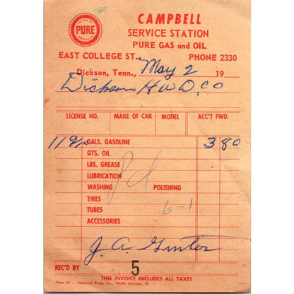 Campbell Service Station Dickson Tennessee Vintage Billhead Receipt AI9-M25