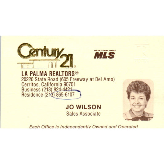 Jo Wilson La Palma Realtors Century 21 Realty Cerritos CA Business Card SD4-B5
