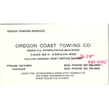 Oregon Coast Towing Co Frank Hayner Coos Bay Oregon Vintage Business Card SB4-B5