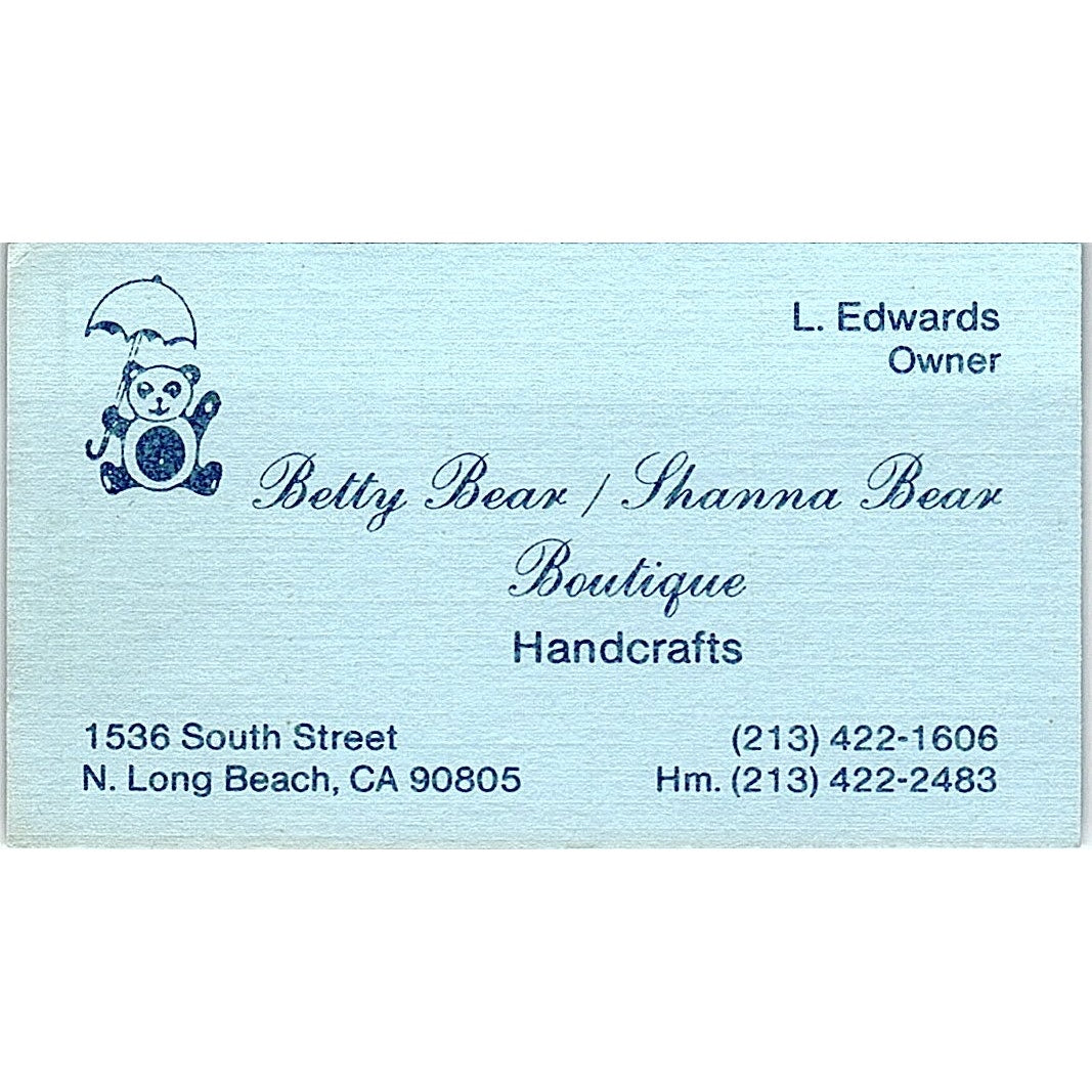 Betty Bear Shanna Bear Boutique Long Beach L Edwards Vtg Business Card SD9-B14