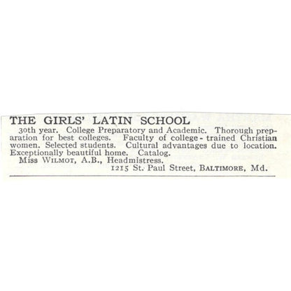 The Girls' Latin School Miss WiIlmont Baltimore MD c1918 Advertisement AE5-SA8