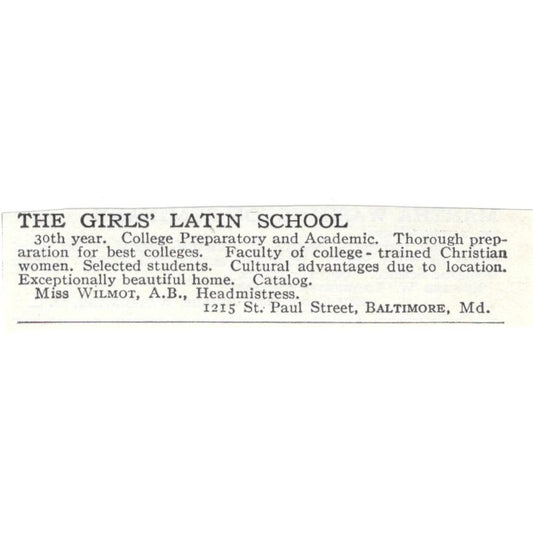 The Girls' Latin School Miss WiIlmont Baltimore MD c1918 Advertisement AE5-SA8