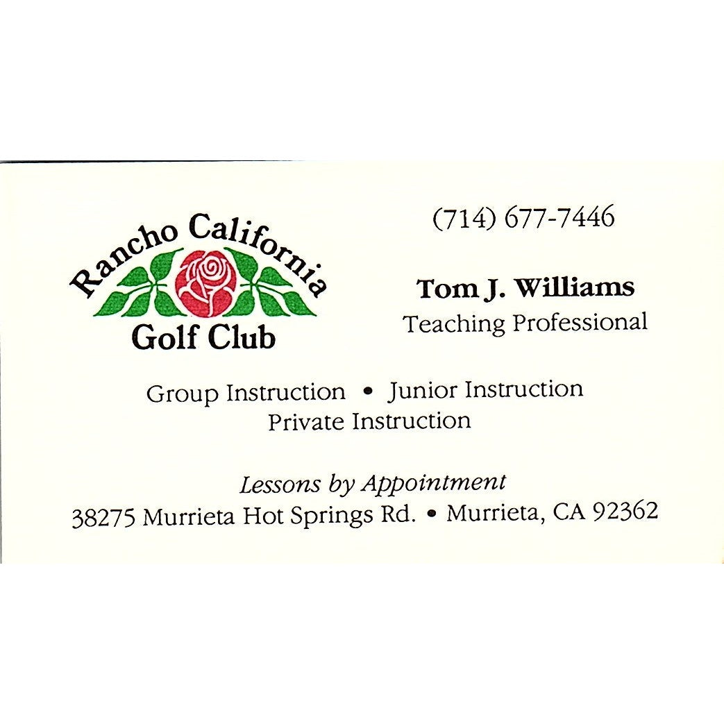 Tom J Williams Rancho CA Golf Club Murrieta CA Vintage Business Card SC9-B11
