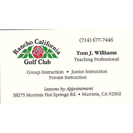 Tom J Williams Rancho CA Golf Club Murrieta CA Vintage Business Card SC9-B11