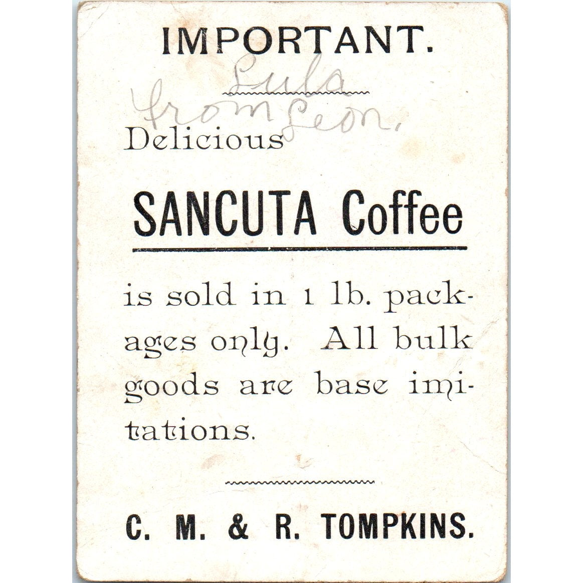 Sancuta Coffee C.M. & R. Tompkins c1880 Victorian Trade Card AF1-AP8