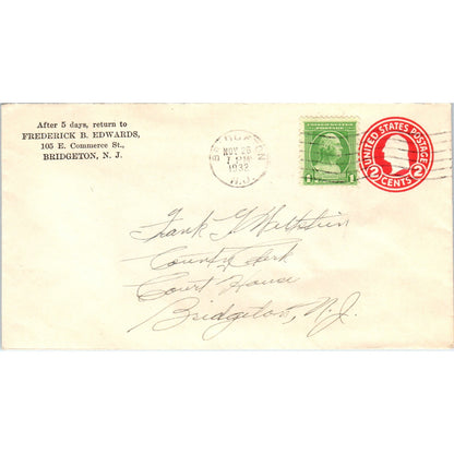 1932 Frederick B. Edwards Bridgeton NJ Postal Cover Envelope TG7-PC3