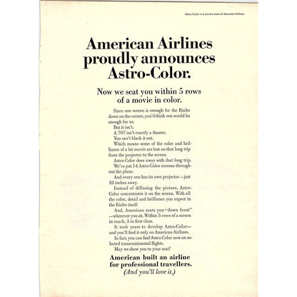American Airlines Announces Astro-Color In-Flight Movies 1967 Ad AG1-16