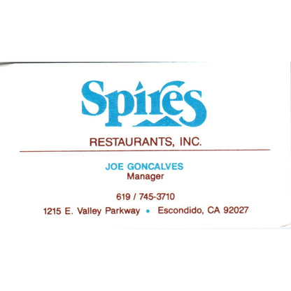 Spires Restaurants Joe Goncalves Escondido CA Vintage Business Card SD8-B6