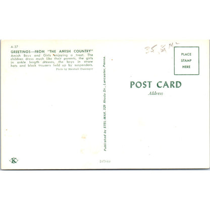 Amish Boys & Girls Enjoy a Treat Pennsylvania Dutch Country Vintage Postcard PD5