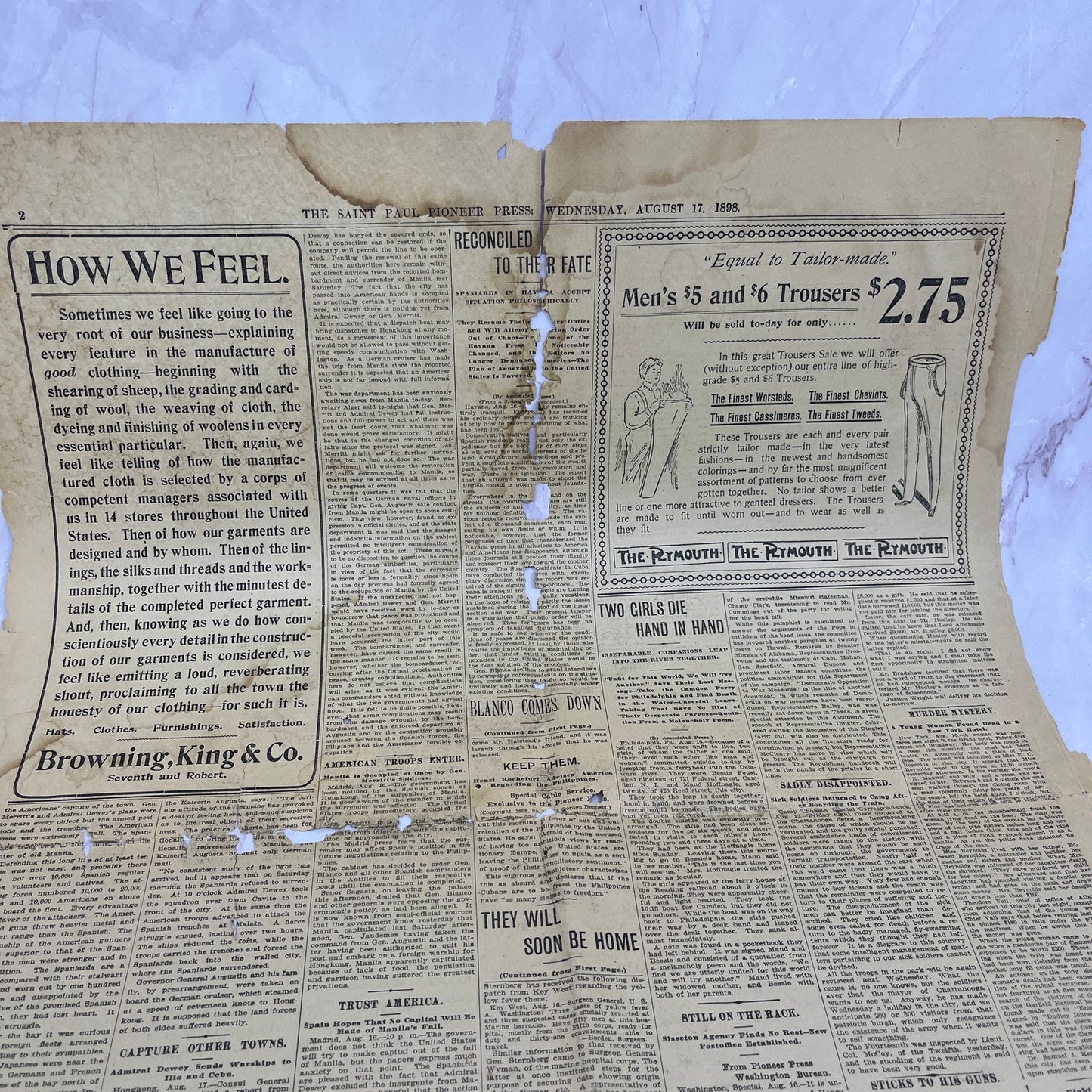 1898 St. Paul Pioneer Press Front Page Spanish American War Fight at Manila D23