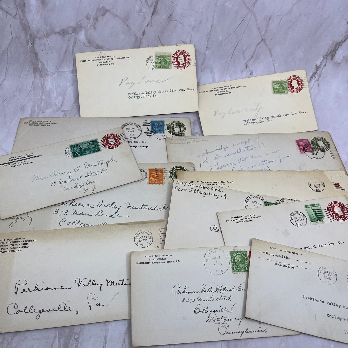 c1930 Huge Lot Perkiomen Valley Mutual Fire Ins Postal Cover Envelopes TG7-EB3