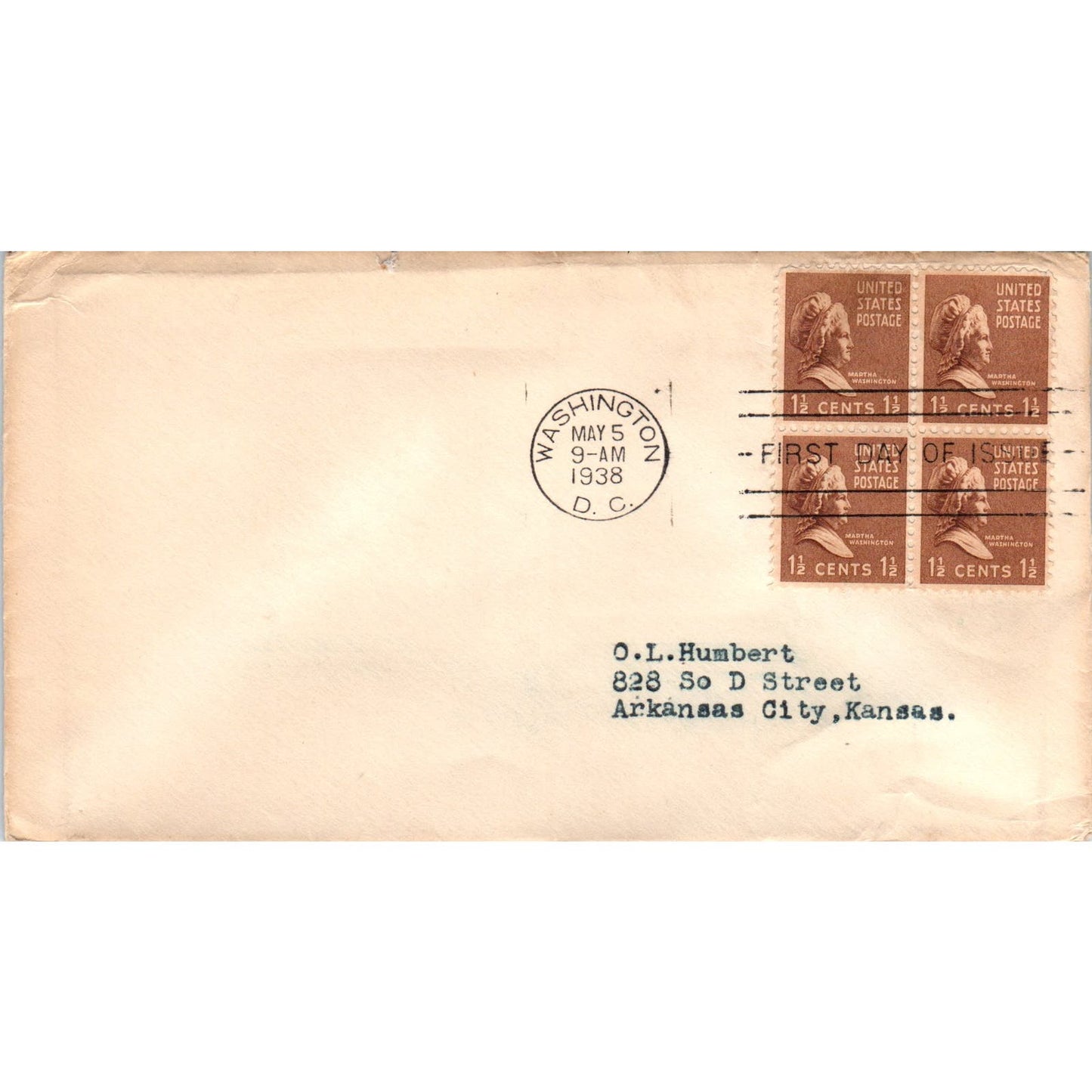 1938 Washington DC to O.L Humbert Arkansas City KS Envelope Postal Cover AF1-RR4