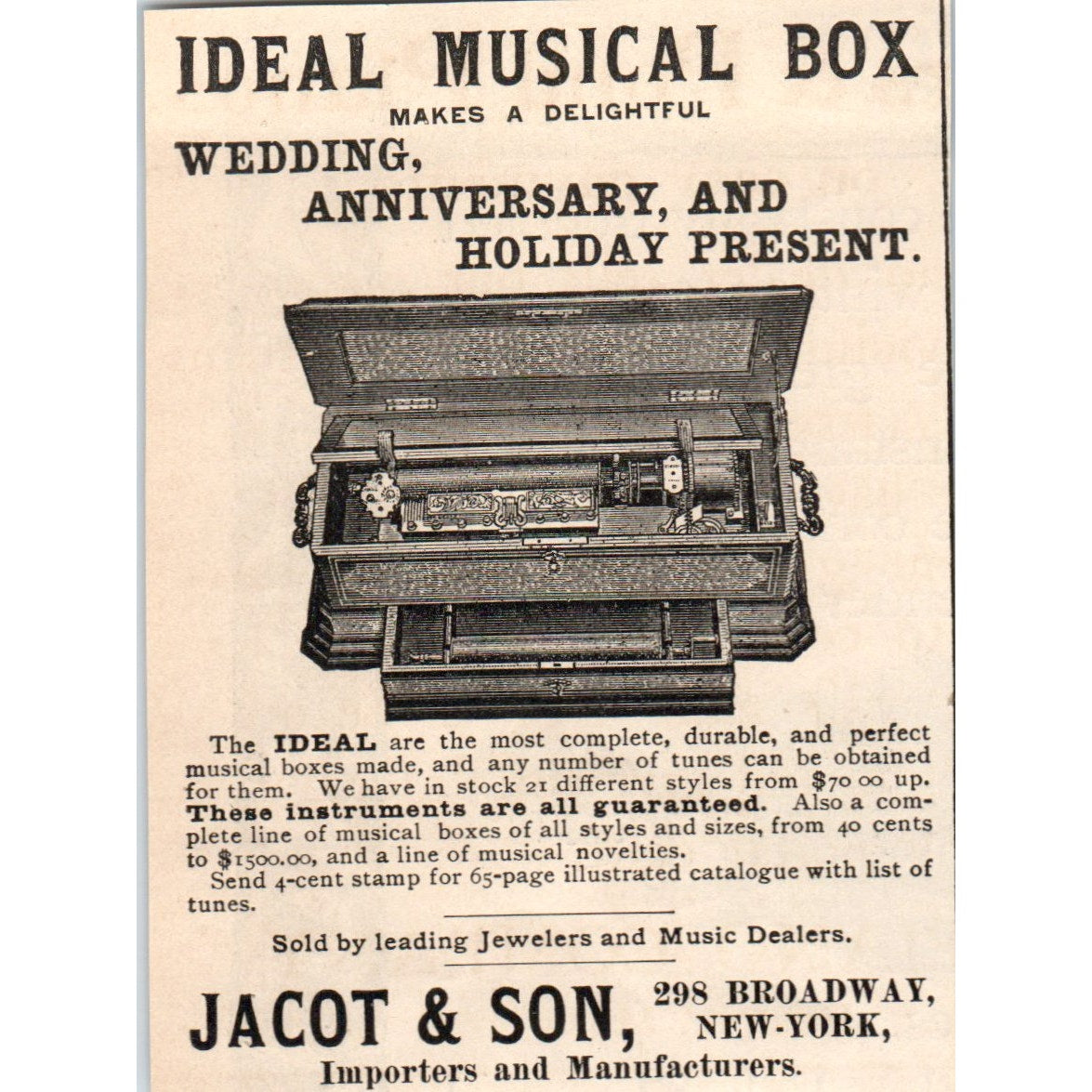 Jacot & Son Ideal Music Box Broadway New York 1892 Magazine Ad AK6-M1