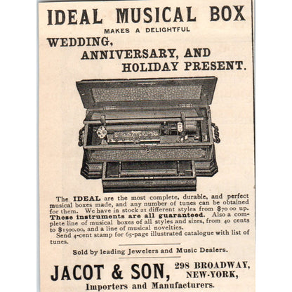 Jacot & Son Ideal Music Box Broadway New York 1892 Magazine Ad AK6-M1