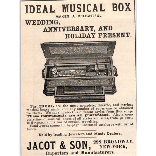 Jacot & Son Ideal Music Box Broadway New York 1892 Magazine Ad AK6-M1