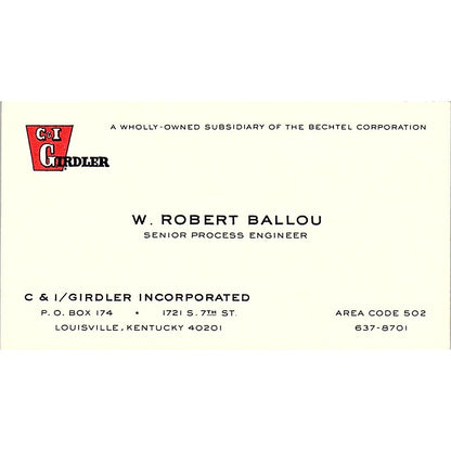 C & I /Girdler W. Robert Ballou Louisville Kentucky Vintage Business Card SF3-B5