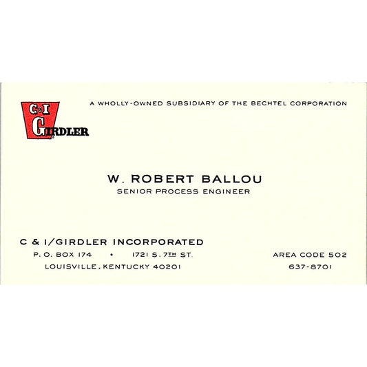 C & I /Girdler W. Robert Ballou Louisville Kentucky Vintage Business Card SF3-B5
