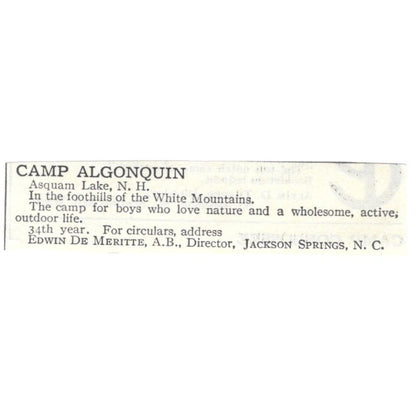 Camp Algonquin Asquam Lake NH Edwin De Meritte c1918 Original Magazine Advertisement AE5-SA4