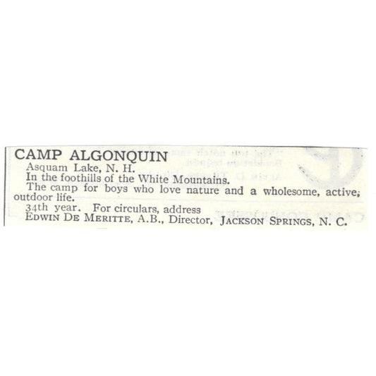 Camp Algonquin Asquam Lake NH Edwin De Meritte c1918 Original Magazine Advertisement AE5-SA4