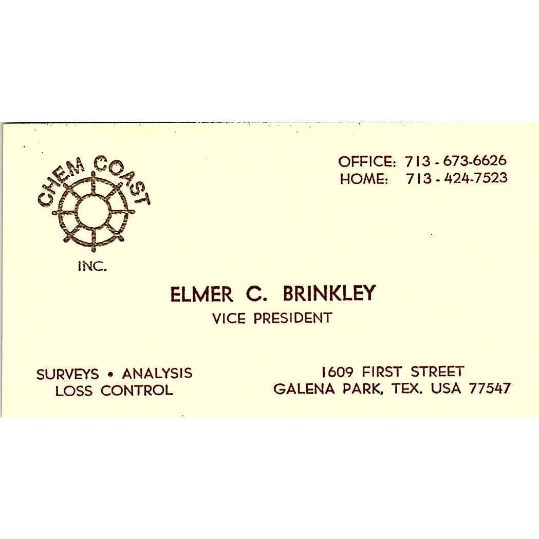 Elmer C Brinkley Chem Coast Inc Galena Park TX Vintage Business Card SD9-B12