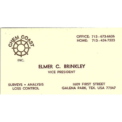 Elmer C Brinkley Chem Coast Inc Galena Park TX Vintage Business Card SD9-B12