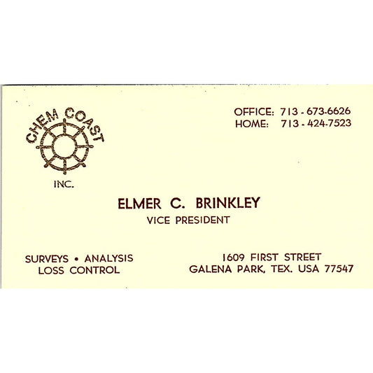 Elmer C Brinkley Chem Coast Inc Galena Park TX Vintage Business Card SD9-B12