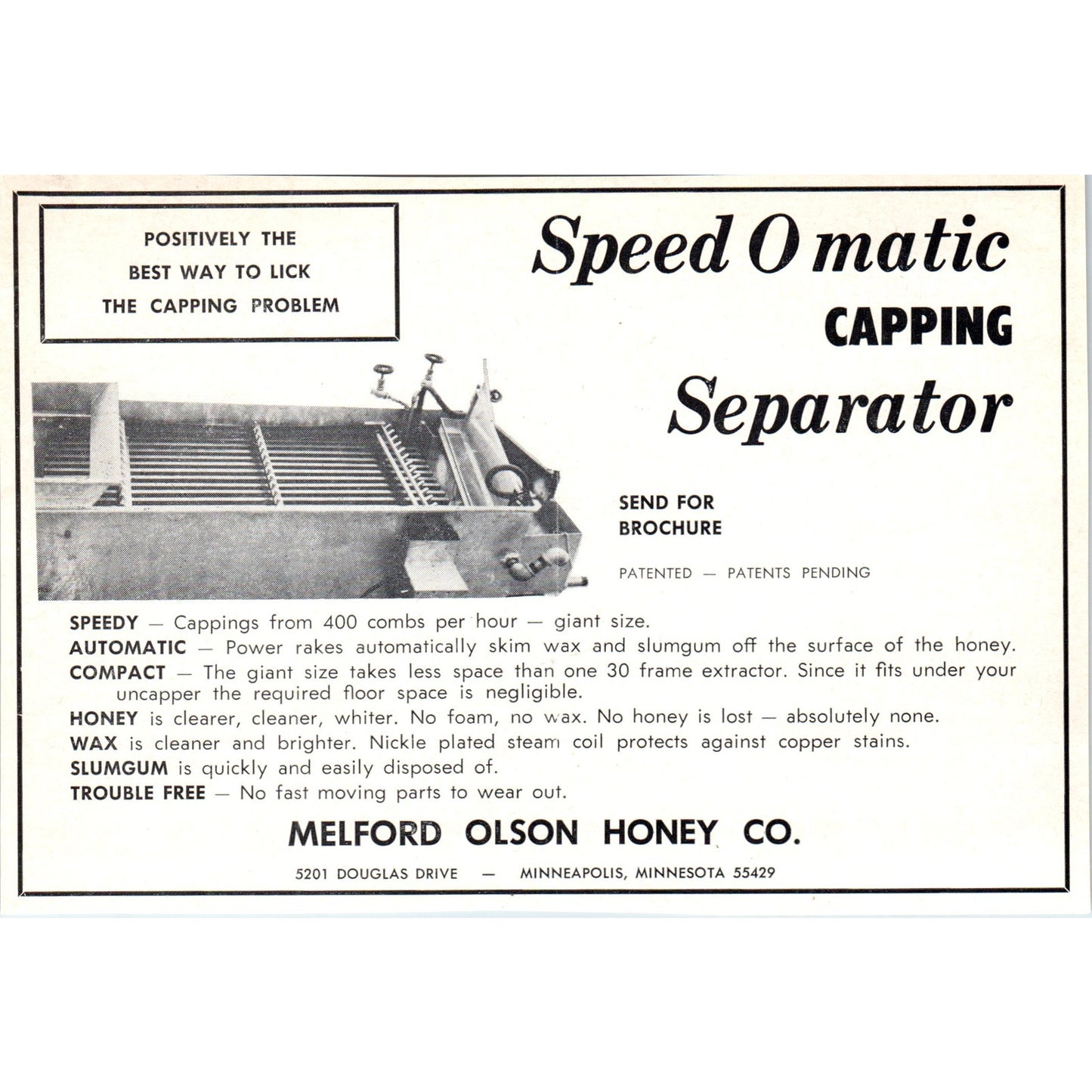 Speed O Matic Capping Separator Melford Olson Honey Minneapolis MN 1964 Ad AB6LB