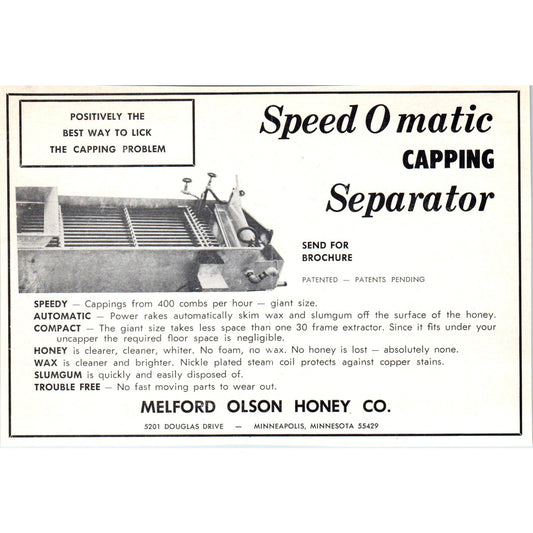 Speed O Matic Capping Separator Melford Olson Honey Minneapolis MN 1964 Ad AB6LB