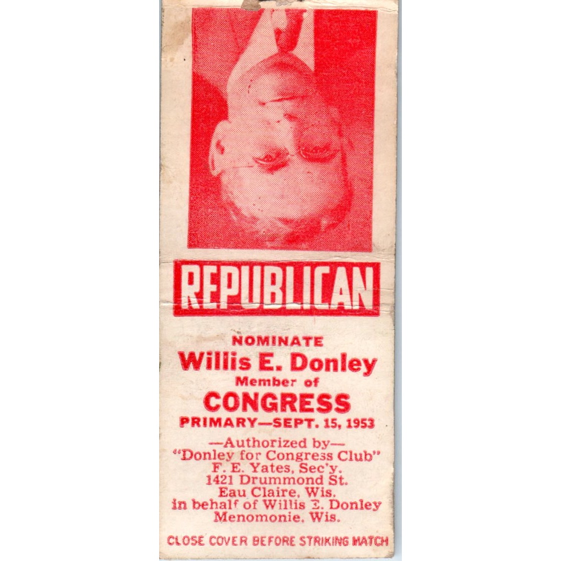 1953 Willis E Donley for Congress Republican Menomonie WI Matchbook Cover SD4-Y2