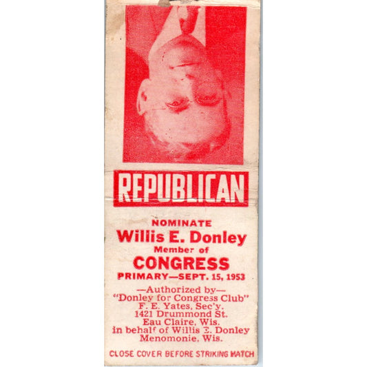 1953 Willis E Donley for Congress Republican Menomonie WI Matchbook Cover SD4-Y2