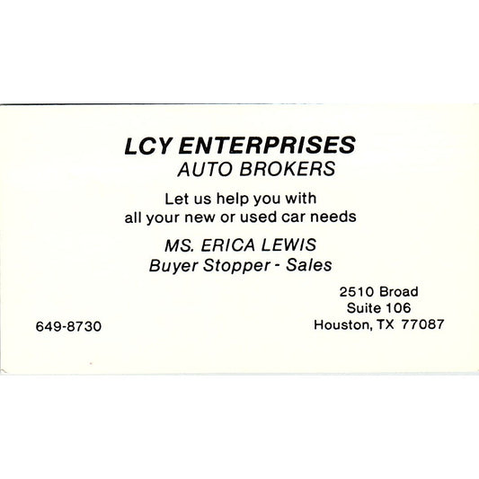 Erica Lewis LCY Enterprises Auto Brokers Houston Vintage Business Card SC9-B7