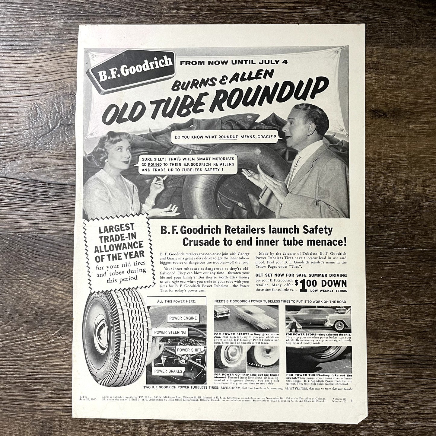 1955 B.F. Goodrich Tires - Burns & Allen Old Tube Roundup Magazine Ad 10x13 V11