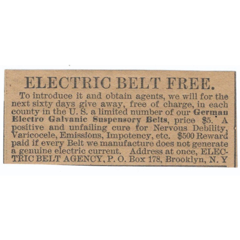 Tric Belt Agency Electric Galvanic Suspensory Belt Hartford 1886 Ad AF7-SS8