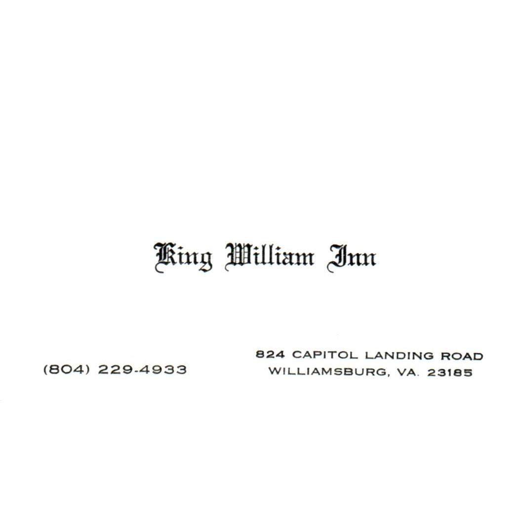 1970s King William Inn Williamsburg VA Business Card TH9-SX2